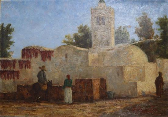 C.A. Lemont (19th C. French), oil on canvas, Figures beside a Mexican church, signed, 38 x 55cm, unframed